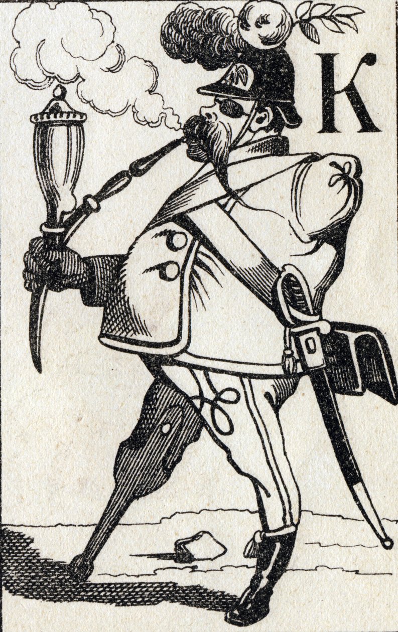 Buchstabe K Fritz Kreutzer. Gravur in "ABC Les Images en Alphabet". Epinal-Bildgebung. Pellerin und Cie, Drucker-Verleger, Epinal, Ende des 19. Jahrhunderts, circa 1890. von Unbekannt
