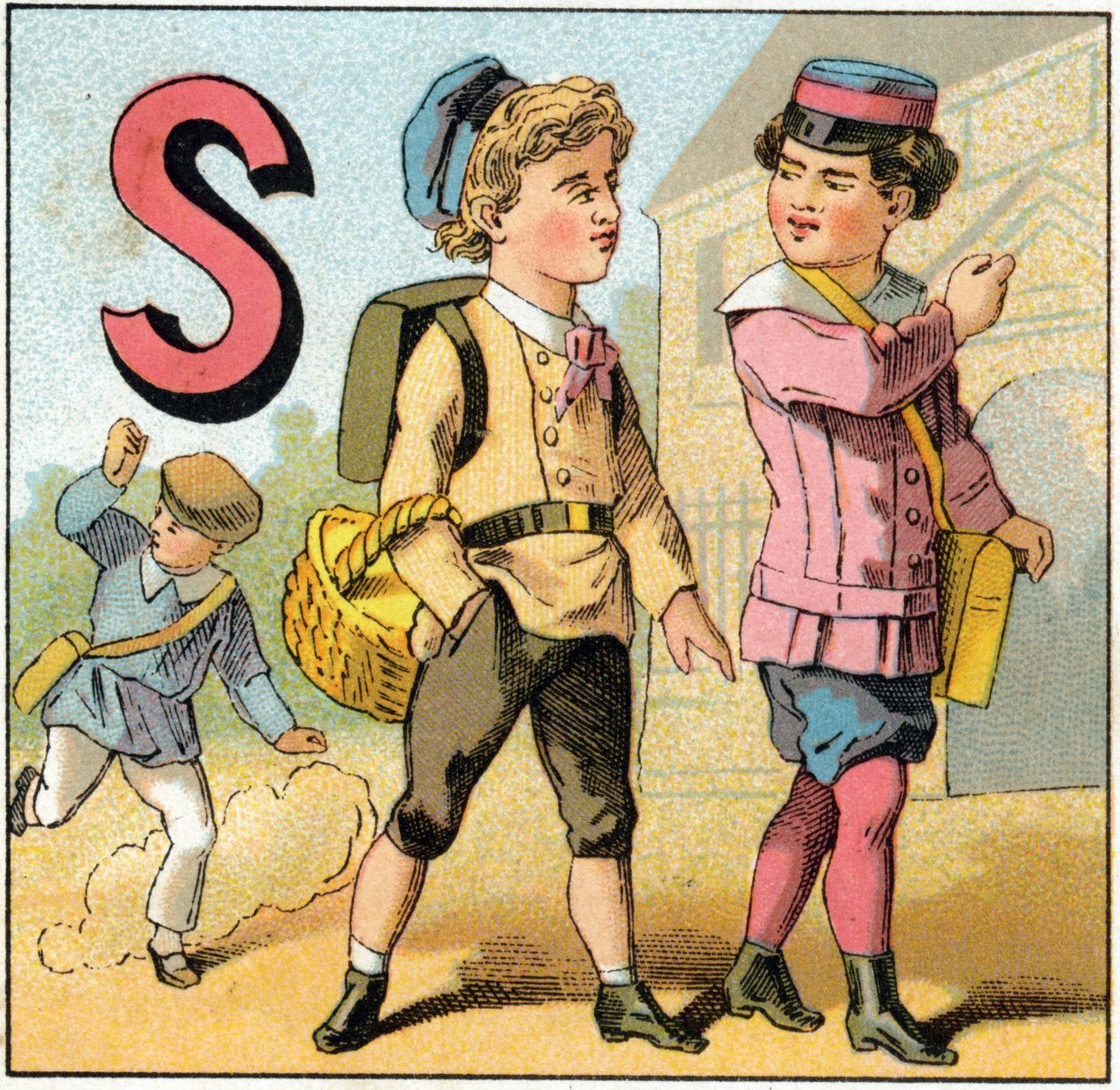 Buchstabe S wie Schulabschluss. Gravur in „Alphabet des petits écoliers“. Bild von Epinal, um 1885. Private Sammlung von Unbekannt