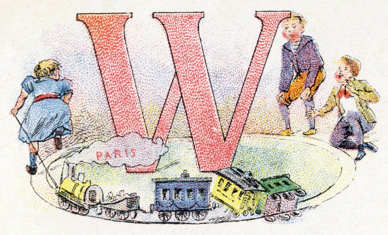 Buchstabe W: Wagen. Alphabet von Phosphatine Falieres. Gravur. Brevete Alphabet S.G.D.G. von Apotheker Pierre Emile Falieres. Illustrationen in Chromolithographie, Ende des 19. Jahrhunderts. 16 Seiten. von Unbekannt