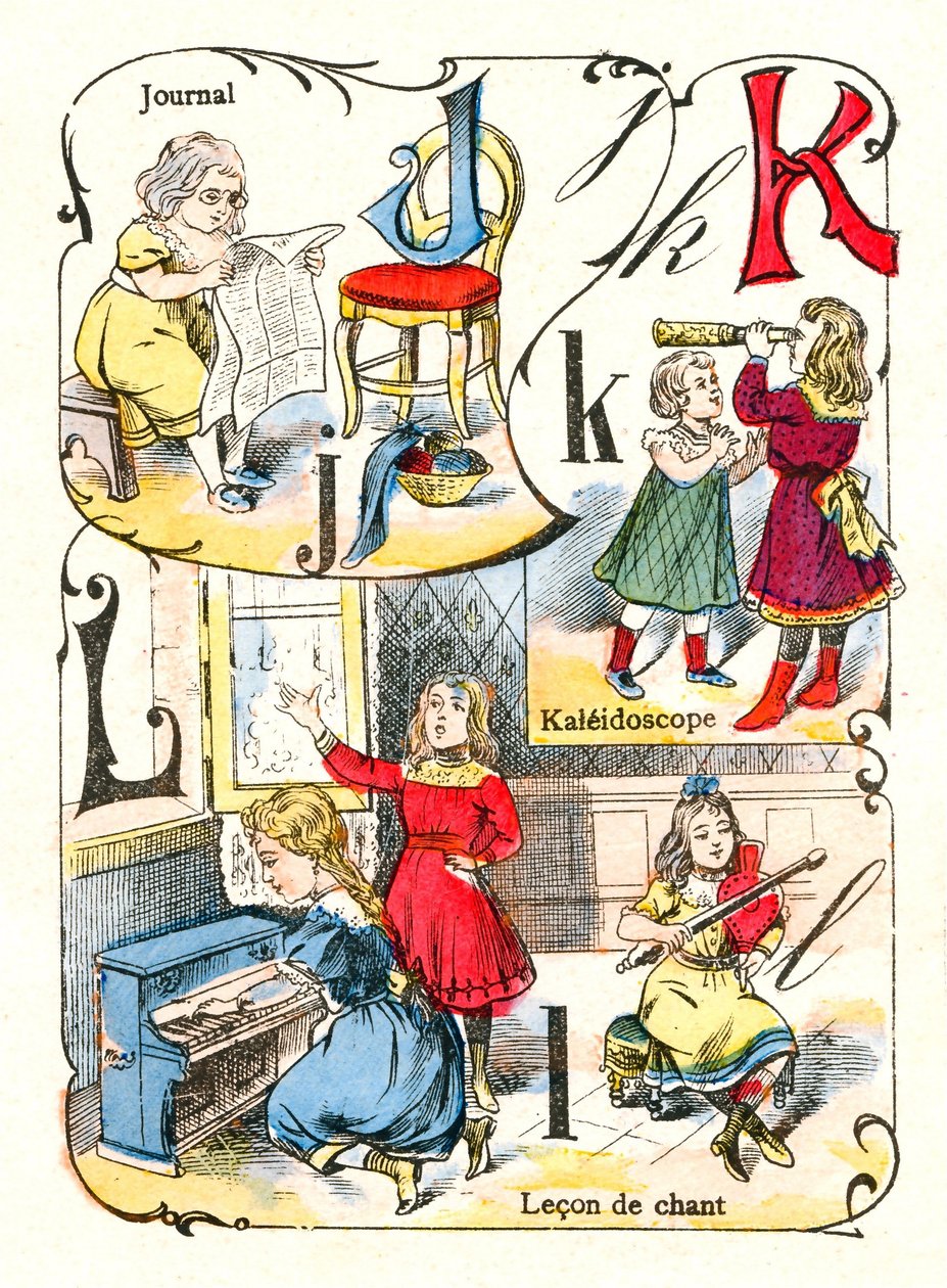Buchstaben J K und L wie Journal, Kaleidoskop und Gesangslektion. Gravur in „Spaßalphabet“. Bild von Pont-à-Mousson. Druck und Verlag Louis Vagne, Ende des 19. Jahrhunderts von Unbekannt