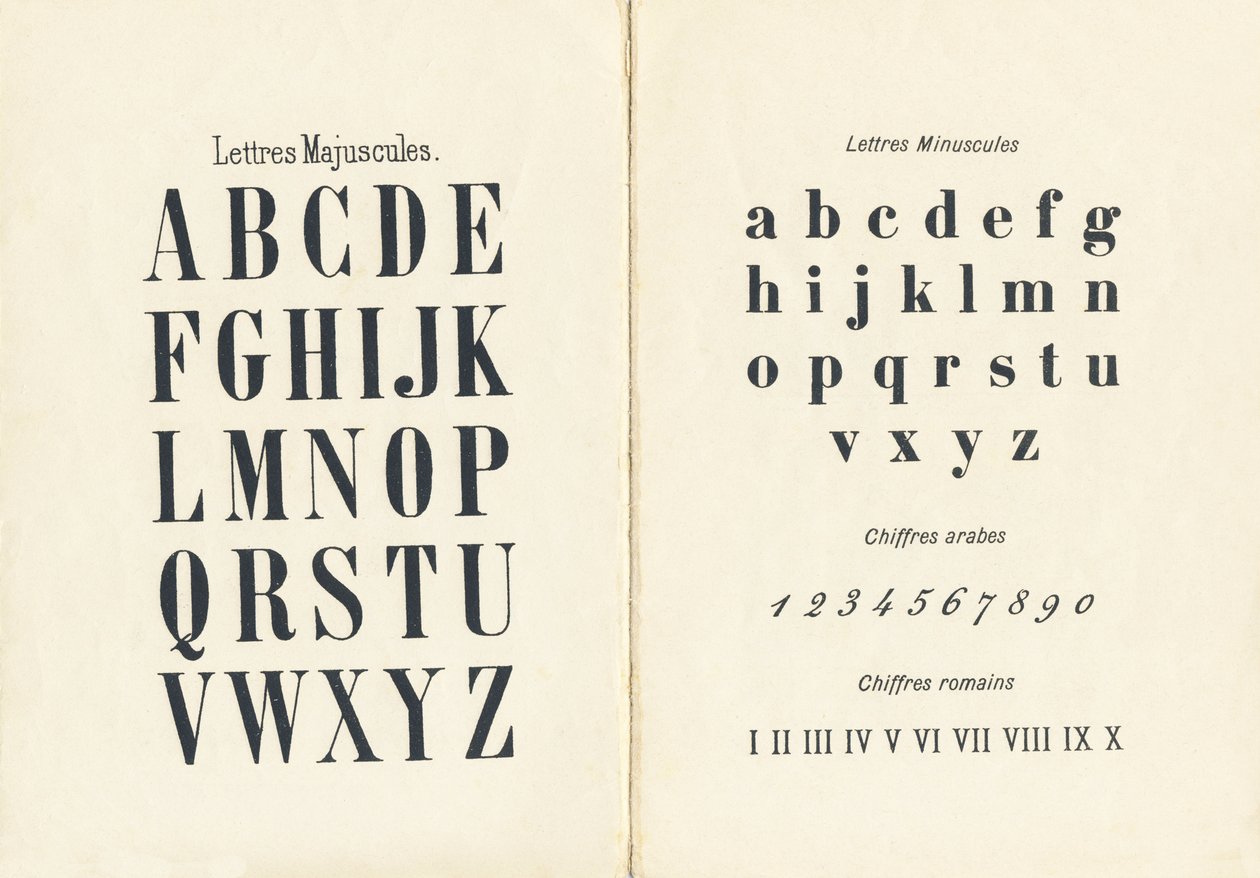 Großbuchstaben, Kleinbuchstaben, arabische und römische Ziffern - Gravur aus ABCD der kleinen Mädchen. Pellerin & Cie, Drucker-Verleger, Epinal, um 1890. Serie A. Maße: 19 x 13,5 cm. von Unbekannt