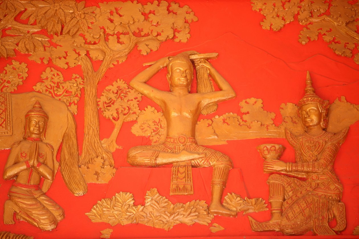 Leben des Buddha. Die große Tonsur: der Buddha schneidet sich mit seinem Schwert die Haare. Phnom Penh, Kambodscha von Unbekannt