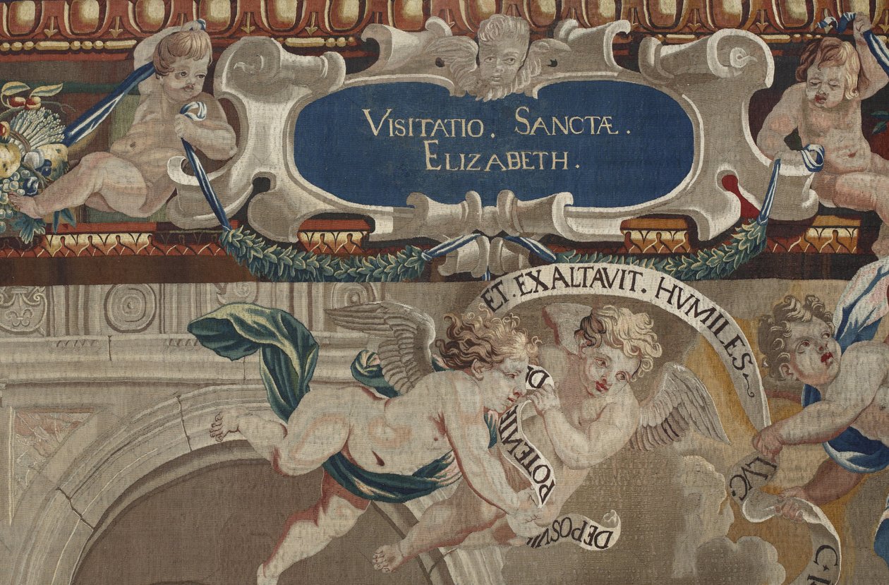 Leben der Jungfrau: „Die Heimsuchung“ (Detail) Wandteppich aus Wolle und Seide, hergestellt in der Werkstatt von Pierre Damour nach den Zeichnungen von Charles Poerson (1609-1667) von William M. Timlin