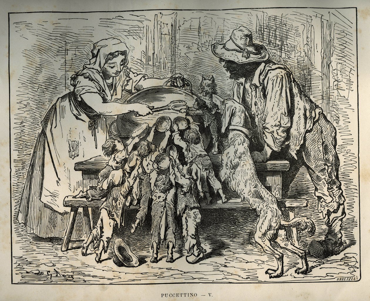 Kleiner Poulet und seine hungrigen Brüder. Gravur von Gustave Doré (1832-1883) aus „Les contes“ von Charles Perrault (1628-1703) von Unbekannt