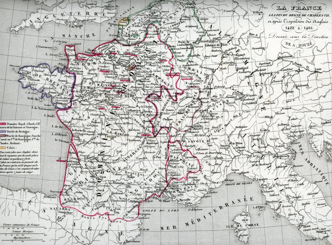 Karte von Frankreich zur Zeit von König Karl VII. und nach der Vertreibung der Engländer zwischen 1422 und 1461 (Karte von Frankreich zur Zeit von König Karl VII.) Tafel aus Houze