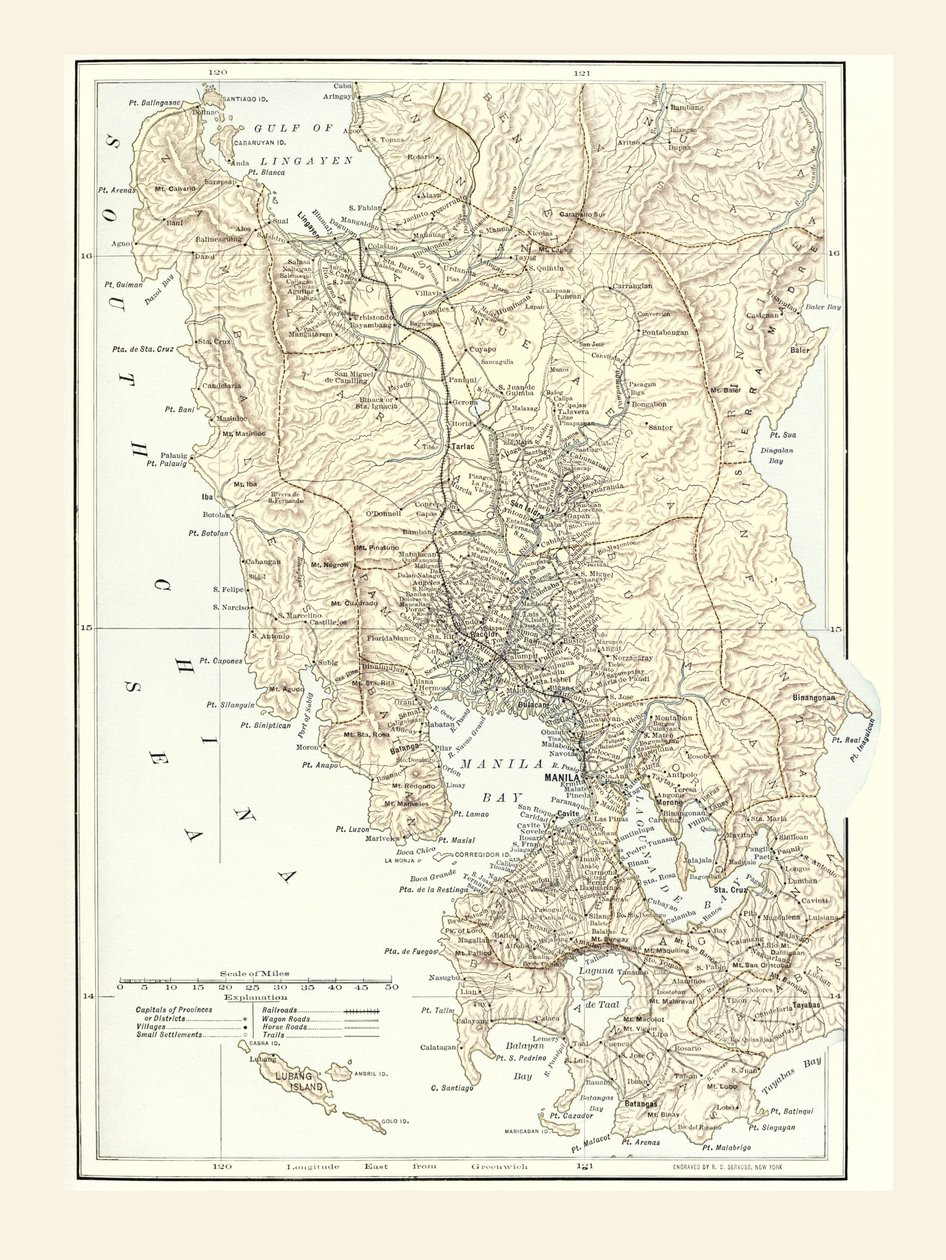 Karte von Manila, Philippinen und dem Kriegsschauplatz während des Spanisch-Amerikanischen Krieges von 1898 von Unbekannt