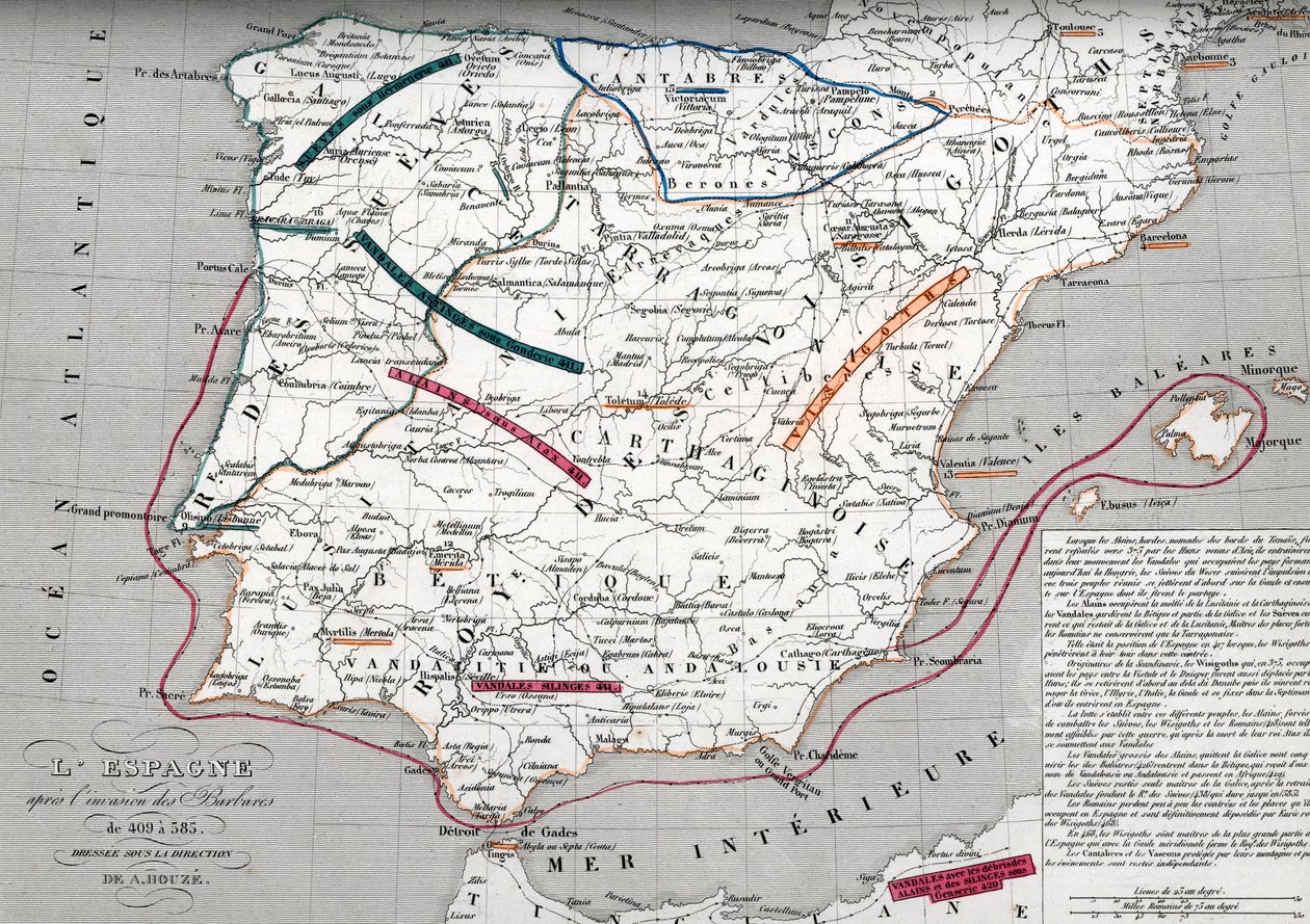 Karte von Spanien zur Zeit des germanischen Hispania, 409-585. Gravur aus dem „Atlas Universel“ von Houze von Unbekannter Künstler