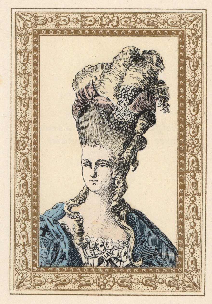 Marie Antoinette, Ehefrau von König Ludwig XVI. von Frankreich, in aufwendiger Frisur gekrönt mit Bändern und Perlen von Unbekannter Künstler
