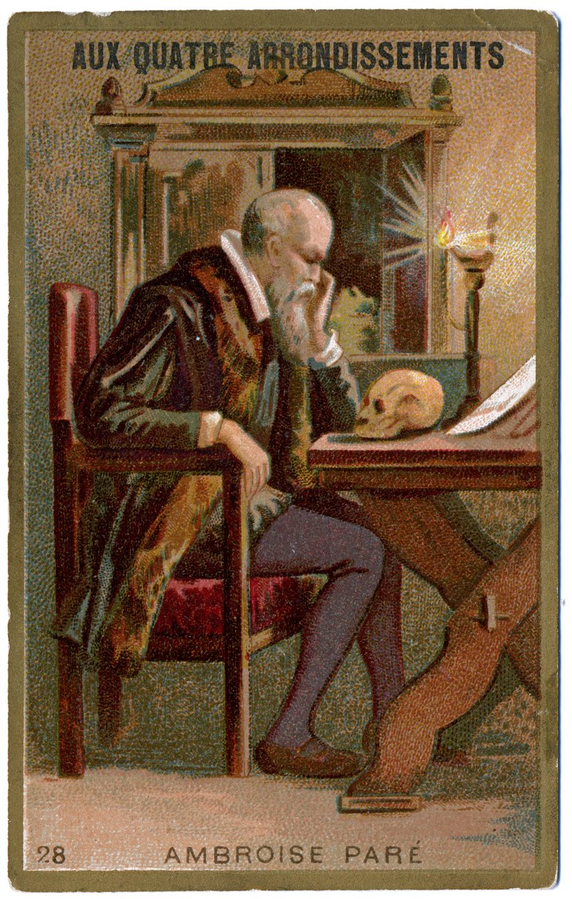 Medizin. Der französische Chirurg Ambroise Paré. Bild aus dem Pariser Kaufhaus: Aux Quatre Arrondissements, Frankreich, ca. 1900 von Unbekannter Künstler
