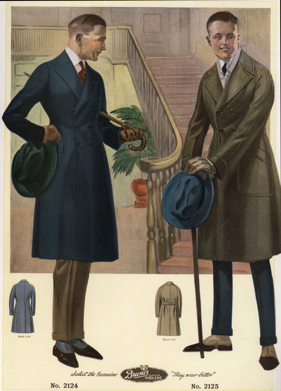 Männermode 1920 - Männer in zweireihigen Mänteln mit Spazierstöcken und Hüten, die Gamaschen tragen. Chromolithographie aus einem Katalog der Herrenmode von Bruner Woolens von Unbekannter Künstler