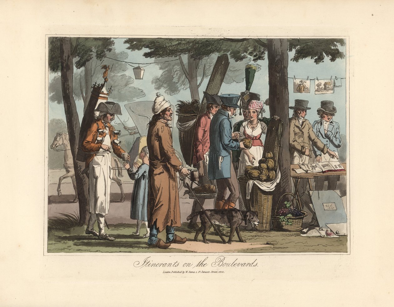 Wanderhändler auf den Boulevards, ein Kräutertee-Verkäufer mit seinem Fass auf dem Rücken, ein Blinder mit seinem Hund, ein Träger und ein Druckverkäufer - Radierung nach einer Illustration von Victor Auver, aus Un tour durch Paris, veröffentlicht von Will von Unbekannter Künstler