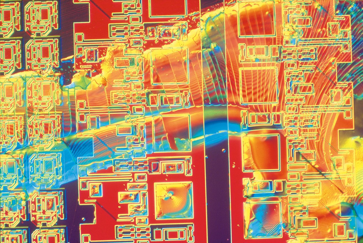 Siliziumwafer mit kolloidalem Silicafleck, Lichtmikrograph von Unbekannter Künstler