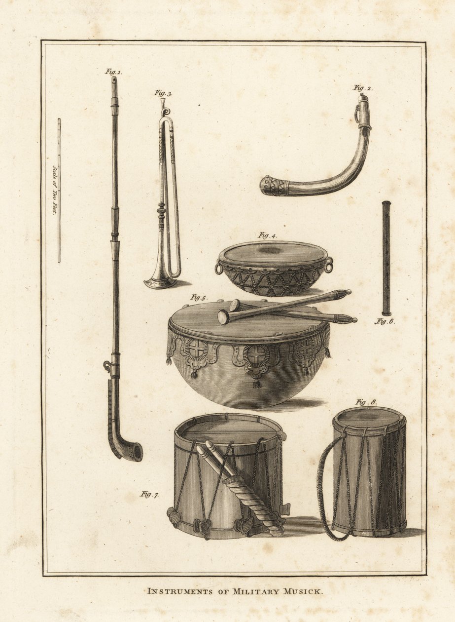 Militärische Musikinstrumente: Trompete, Horn, Pfeife, Kesselpauke, Seitentrommel von Unbekannt