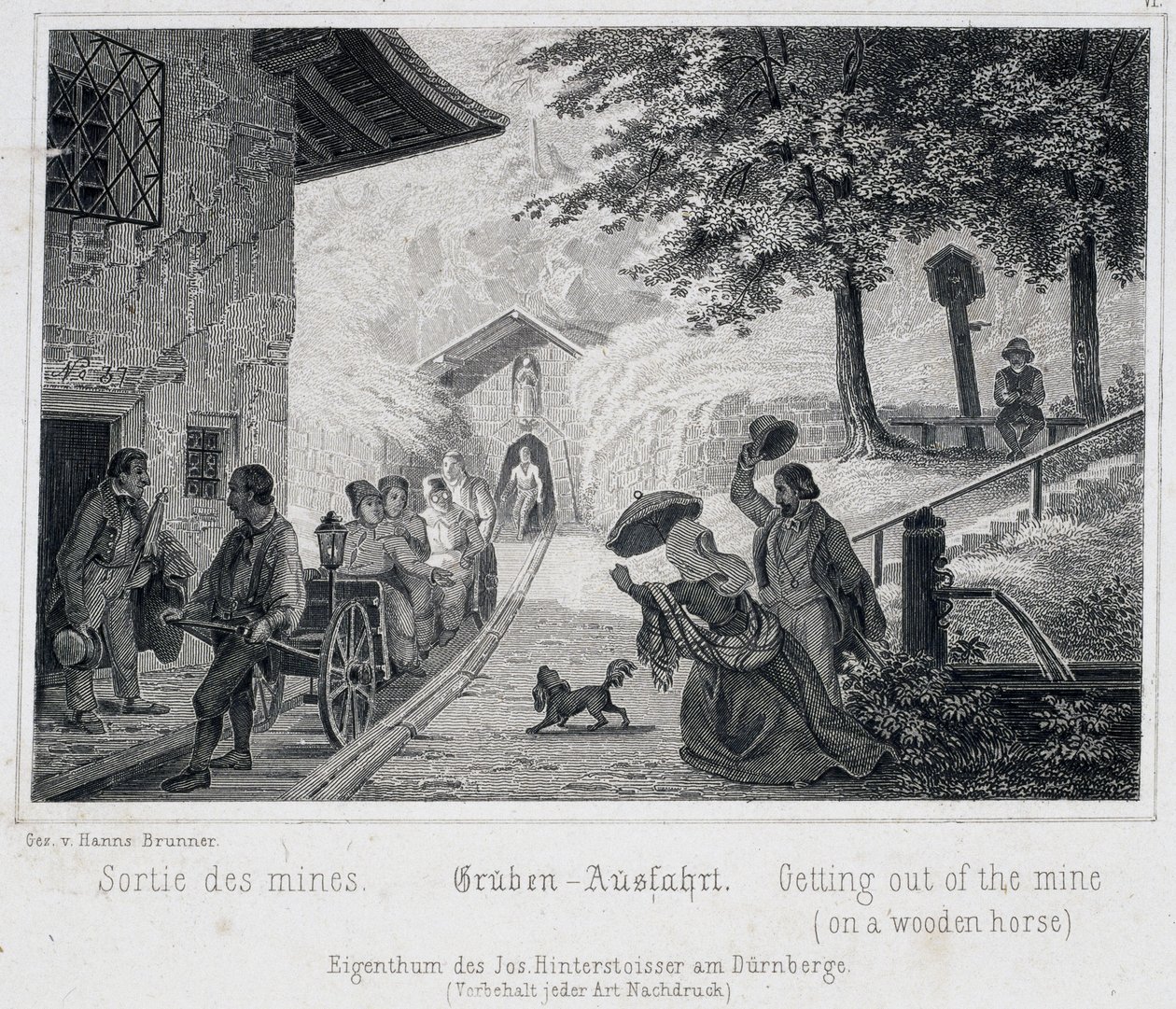 Salzmine: der Ausgang der Touristen aus der Mine auf einem Holzfahrzeug, das auf Schienen gezogen wird, in Durrnburg, Österreich, um 1850 von Unbekannt