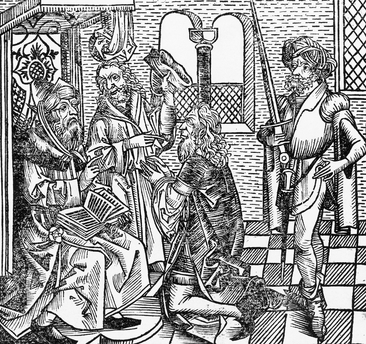 Mohammed am Hof, deutscher Holzschnitt, aus der Nürnberger Chronik (Liber Chronicarum) von Hartmann Schedel von William M. Timlin