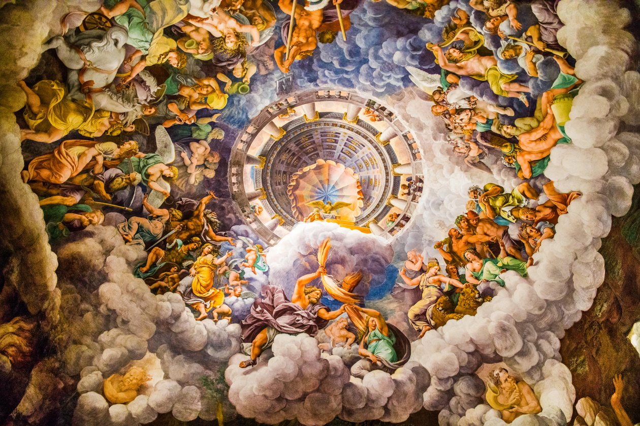 Berühmtestes Fresko des Manierismus: Giulio Romanos Illusion erfindet eine Kuppel und löst die Architektur des Raumes in den Fall der Giganten auf, Saal der Giganten von Unbekannter Künstler