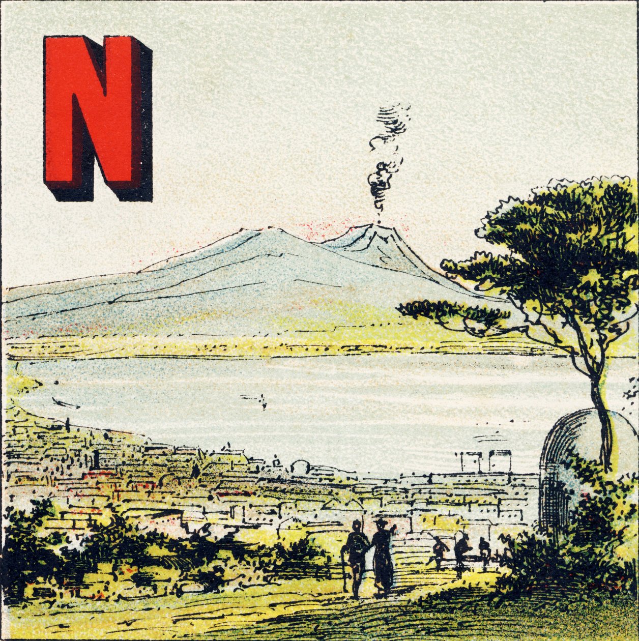 N: Neapel. Wunderschöne Stadt im Süden Italiens - Gravur aus Alphabet geographique. Guerin-Muller et Cie, Verleger, Paris von Unbekannt