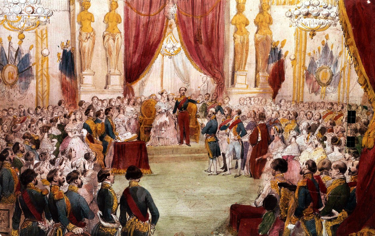 Zivile Hochzeit von Napoleon III. im Jahr 1853: der Kaiser stellt seine Frau Eugenia dem Hof vor, Aquarell 19. Jahrhundert von Unbekannter Künstler