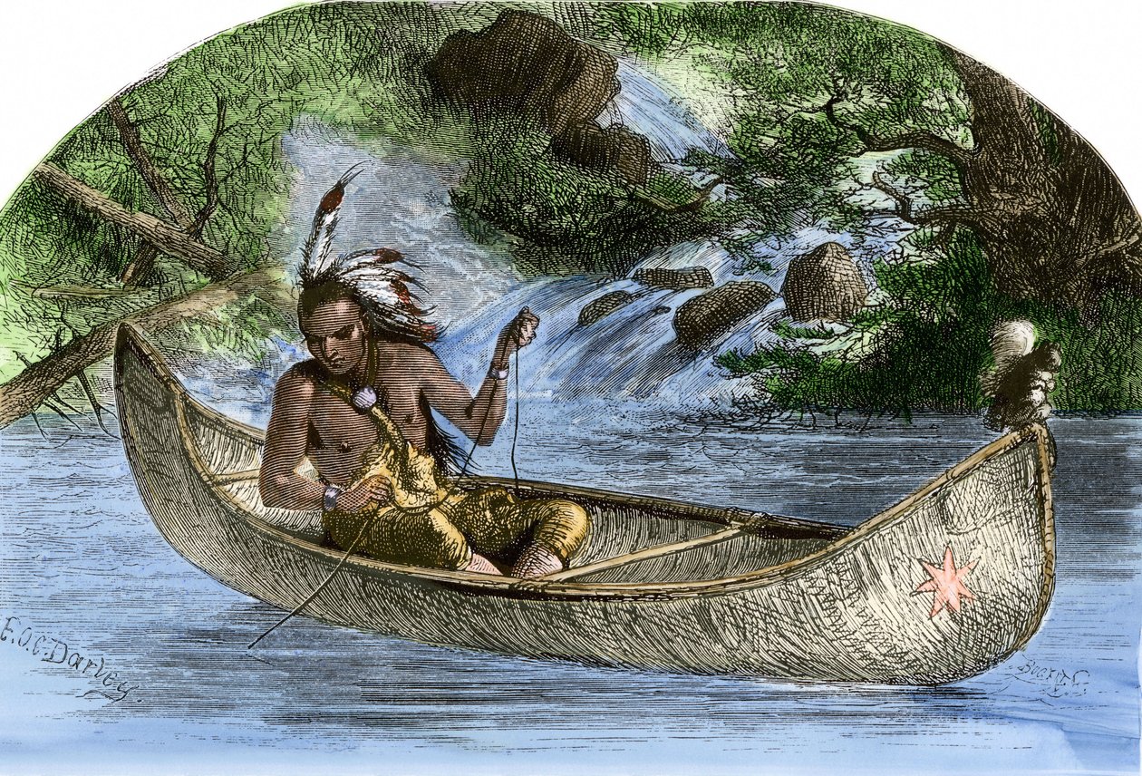 Ureinwohner Amerikas: Indianer. Hiawatha beim Fischen in einem Kanu. Farbige Gravur des 19. Jahrhunderts. von Unbekannter Künstler