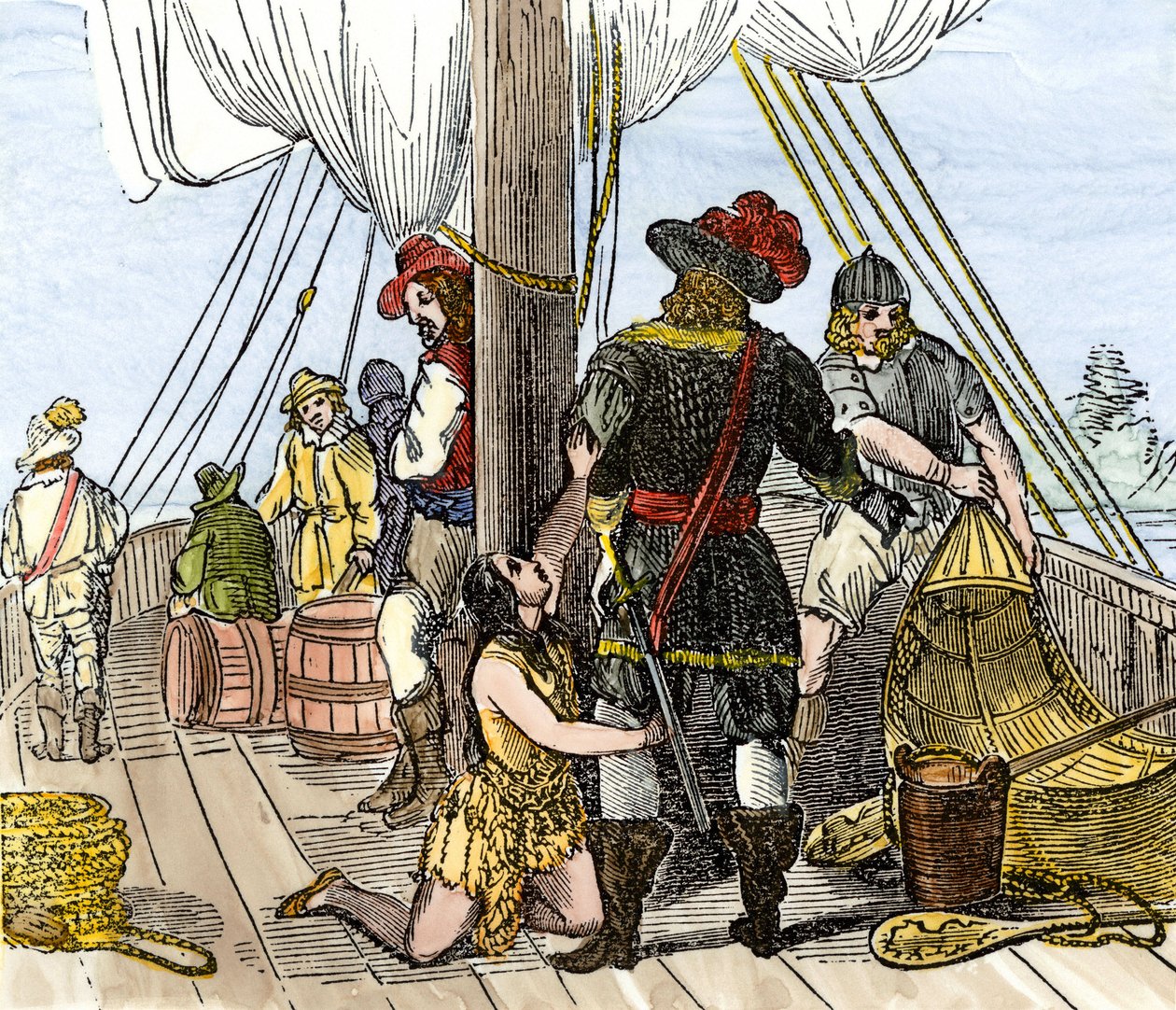 Ureinwohner Amerikas: Indianer. Pocahontas gefangen an Bord eines Schiffes von Jamestown. Farbige Gravur des 19. Jahrhunderts. von Unbekannter Künstler