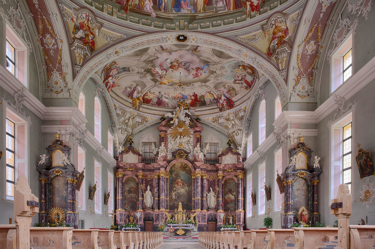 Schiff, Altar, Deckenmalerei, Innenaufnahme, St. Georg Katholische Pfarrkirche, Neustift, Stubaital, Tirol, Österreich von Unbekannter Künstler