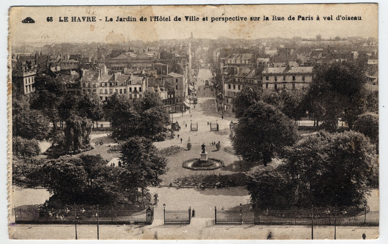 Normandie, Seine Maritime (76), Le Havre: der Garten des Rathauses und Perspektive auf die Rue de Paris - Postkarte Ende 19. bis Anfang 20. Jahrhundert von William M. Timlin