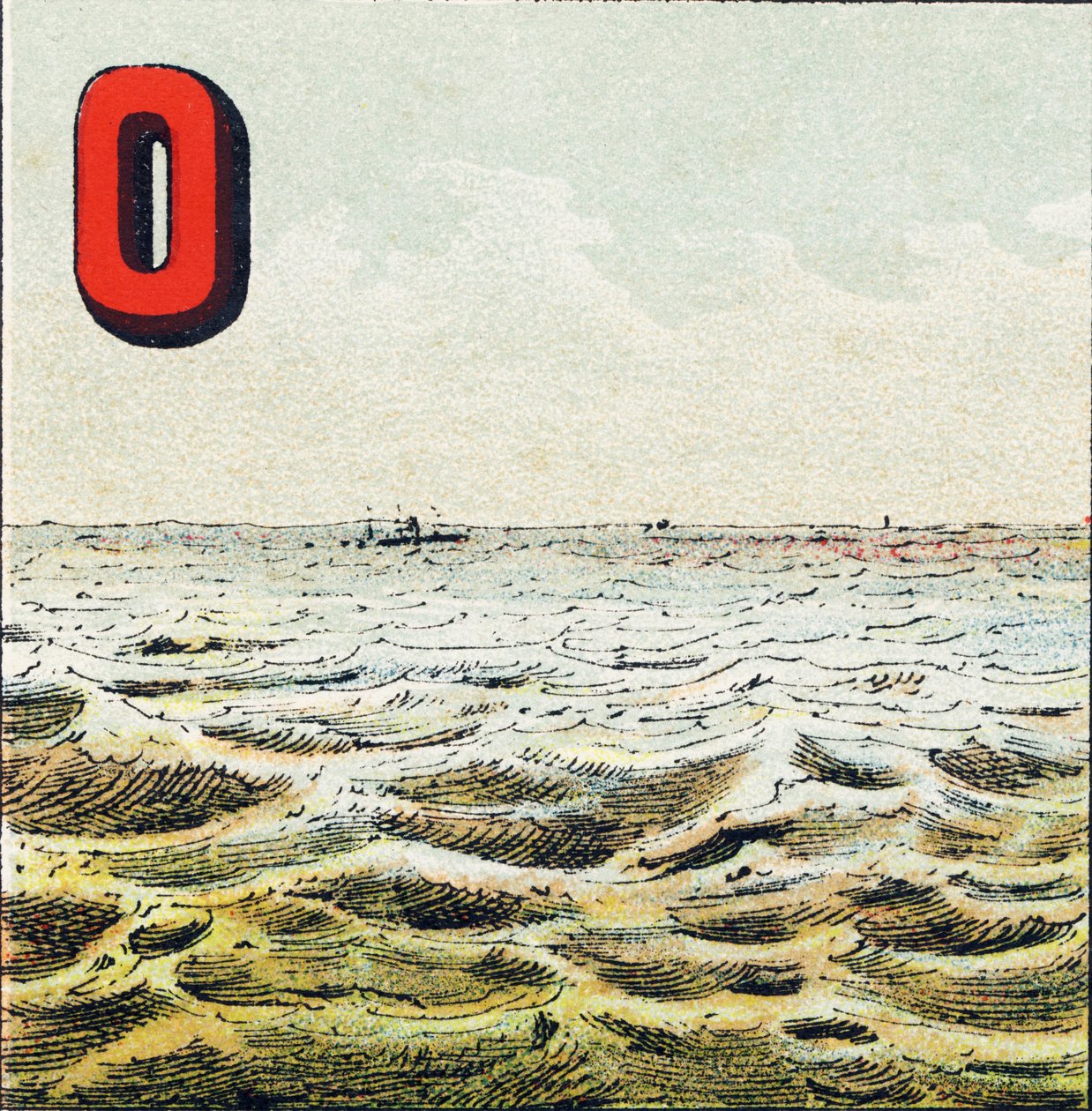 O: Ozean. Unermessliche Wasserfläche, die die Erde umgibt. Das Wasser des Ozeans ist salzig; der Mensch kann es nicht trinken - Gravur aus Alphabet geographique. Guerin-Muller et Cie, Verleger, Paris von Unbekannt