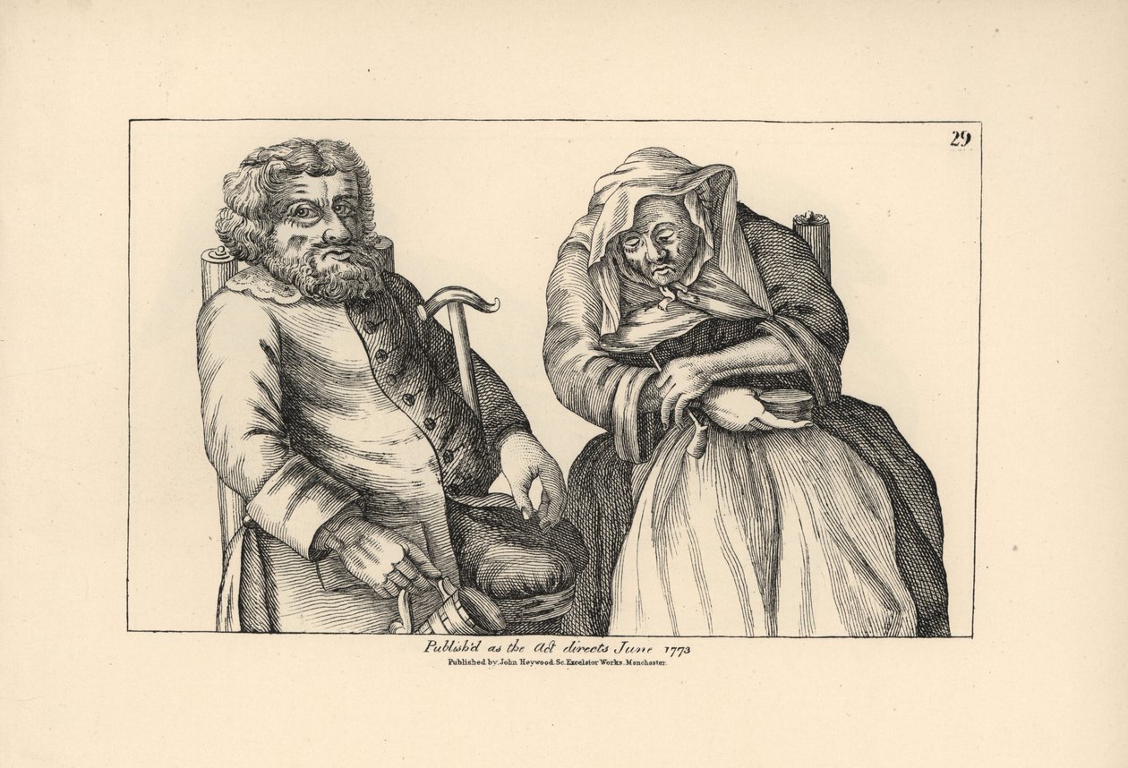 Der alte Darby mit leerem Krug und Joan mit ihrer Tabakspfeife. Kupferstich nach einer satirischen Illustration von Timothy Bobbin (John Collier) aus Human Passions Delineated, John Haywood, Manchester. von Unbekannter Künstler