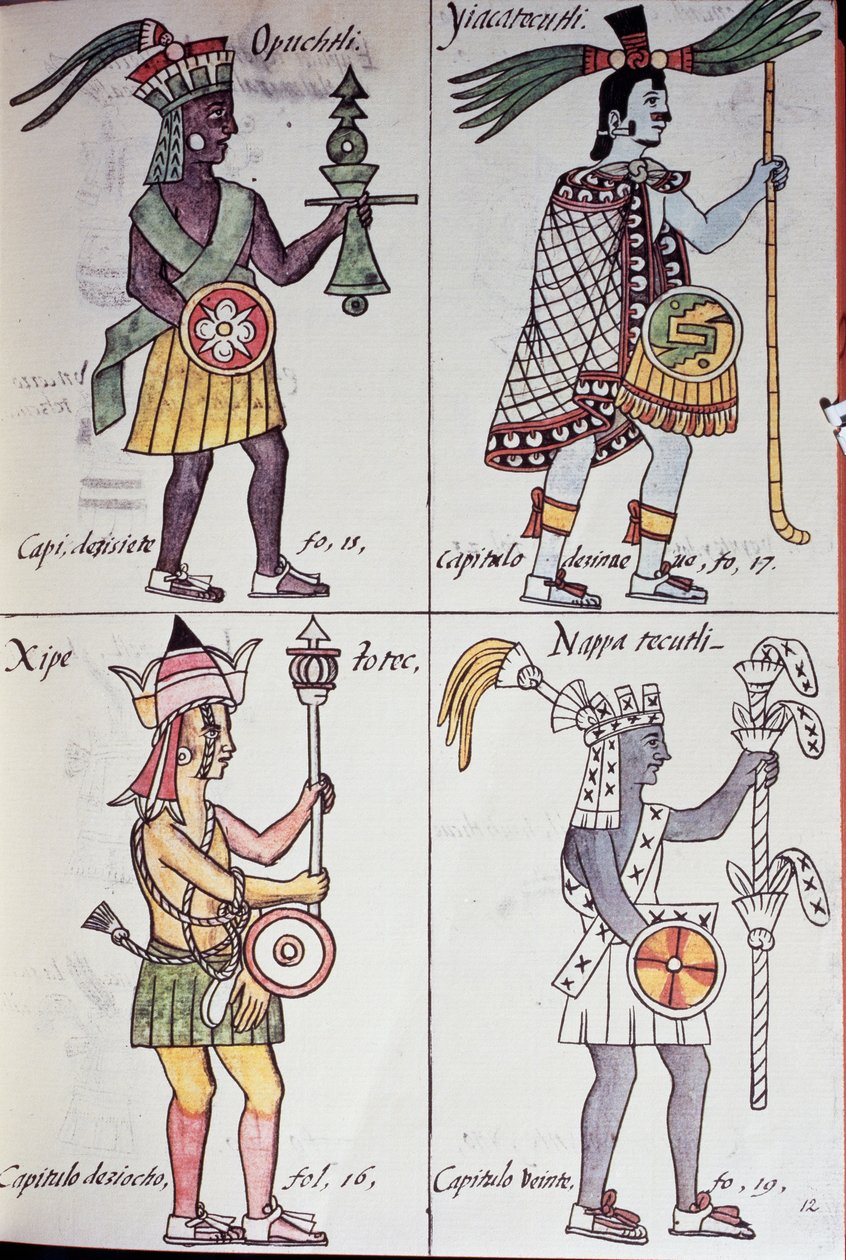 Opochtli, Xipe Totec, Yacatecuhtli und Nappatecutli, Seite aus dem Florentiner Kodex, Version in Spanisch und Nahuatl, Allgemeine Geschichte der Dinge von Neuspanien (Historia general de las cosas de Nueva España), Azteken von Benjamin Baud