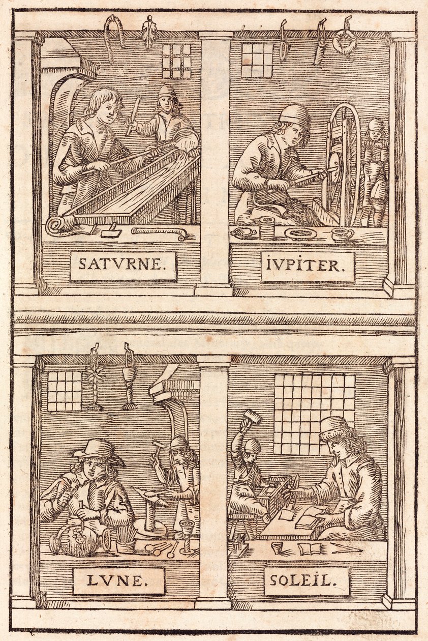 Goldschmiedekunst und alchemistische Symbole: Saturn und Blei, Jupiter und Zinn, der Mond und Silber, die Sonne und Gold von Unbekannt