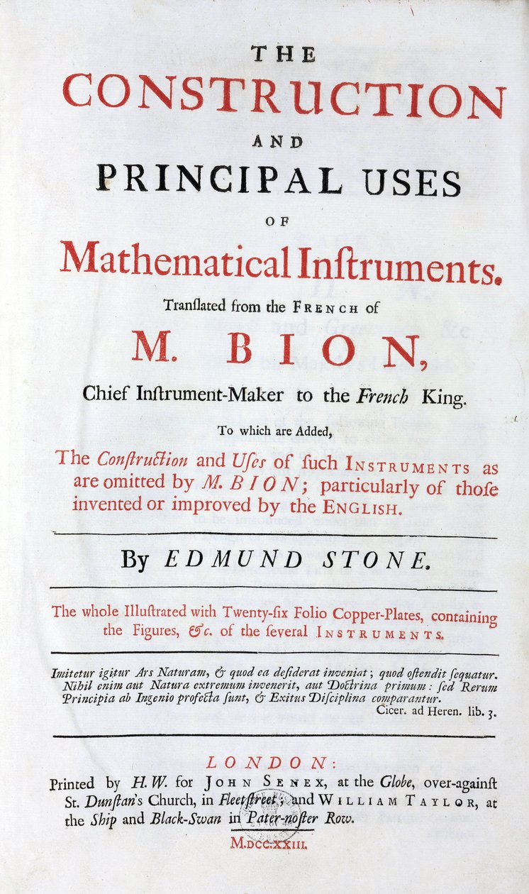Titelblatt des Buches von Nicolas Bion (1652-1933) über mathematische Instrumente, englische Übersetzung, mit Zusatz der "englischen Verbesserungen", herausgegeben in London 1723 von Unbekannt
