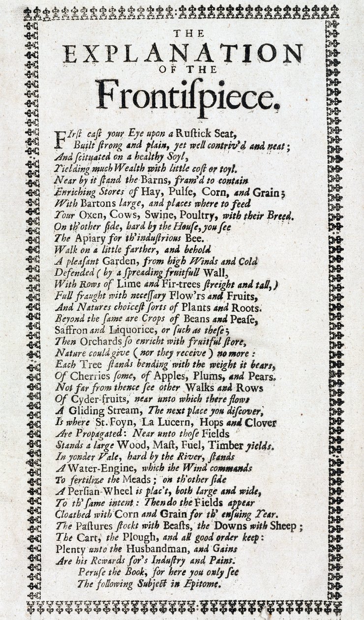 Titelseite und Erklärung in Gedichtform der 4. Ausgabe von Systema agriculturae: das Geheimnis der Landwirtschaft entdeckt von John Worlidge (aktiv 1669-1698), veröffentlicht in London 1697 von Unbekannt