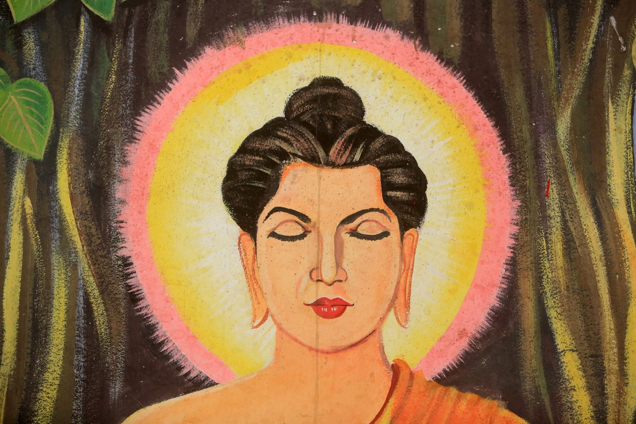 Gemälde, das die Lebensgeschichte von Shakyamuni Buddha darstellt. Wat Naxai. Vientiane, Laos von Unbekannt