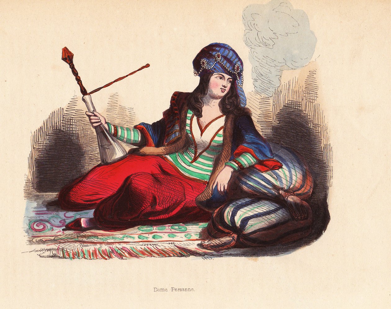 Persische Dame - Persische Adelsfrau mit juwelenbesetztem Turban, pelzbesetzter Jacke, Tunika und Pluderhosen, die eine Wasserpfeife raucht, auf Kissen und Teppich liegend - Handkolorierter Holzschnitt von Pannemaker und Mercier nach einer Illustration von von Unbekannter Künstler