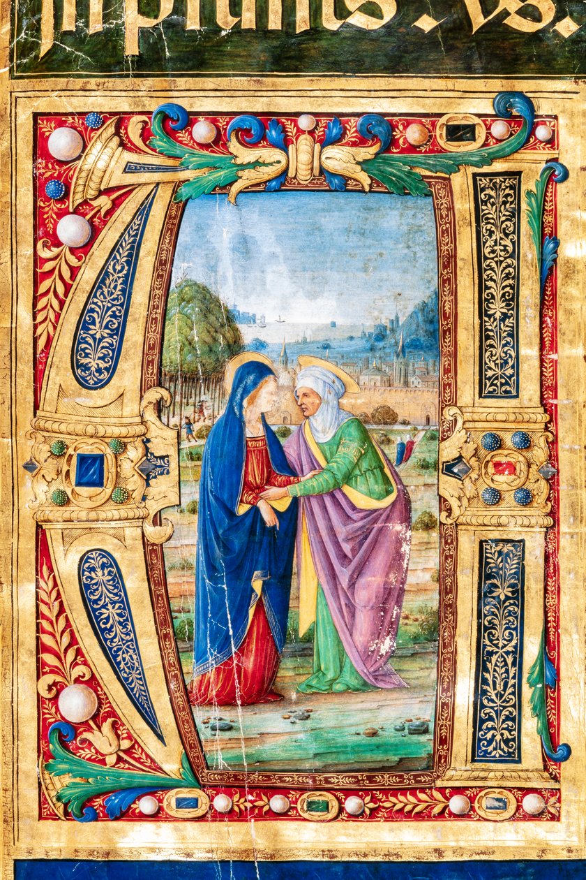 Piccolomini-Bibliothek: Chorbuch, Cod. 14.P., ff. 2r mit „Die Heimsuchung von Maria und St. Elisabeth, von Giovanni di Giuliano Boccardi, bekannt als Boccardino der Ältere. (Detail) von Unbekannter Künstler