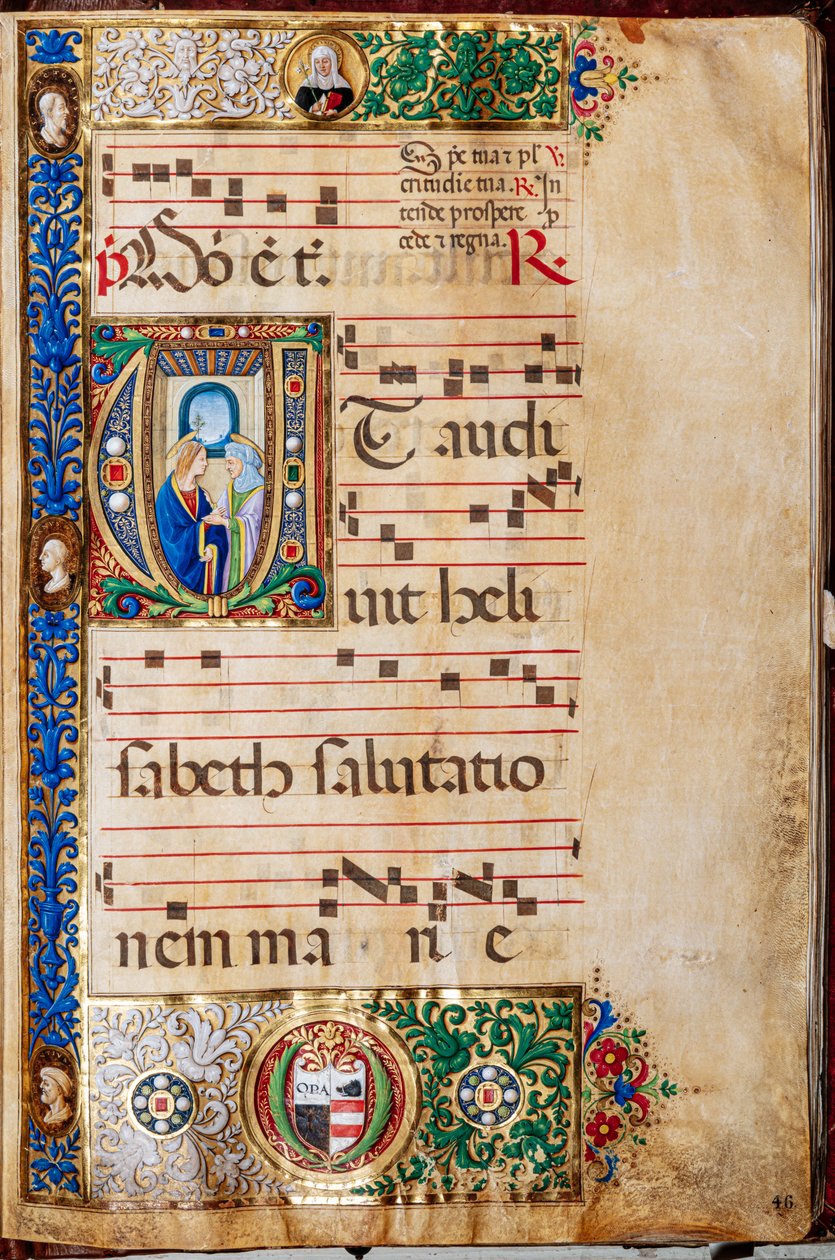 Piccolomini-Bibliothek: Chorbuch, cod. 14.P., ff. 46r mit Maria und St. Elisabeth, von Giovanni di Giuliano Boccardi, bekannt als Boccardino der Ältere von Unbekannter Künstler