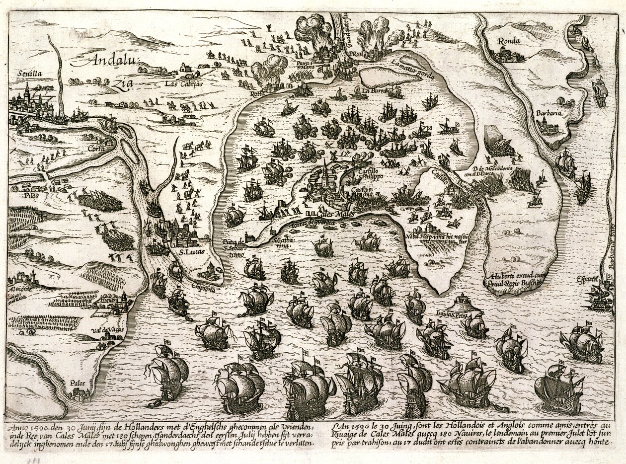 Plan des Hafens von Cadiz im Jahr 1596 zur Zeit des Angriffs von Sir Walter Raleigh von Unbekannter Künstler