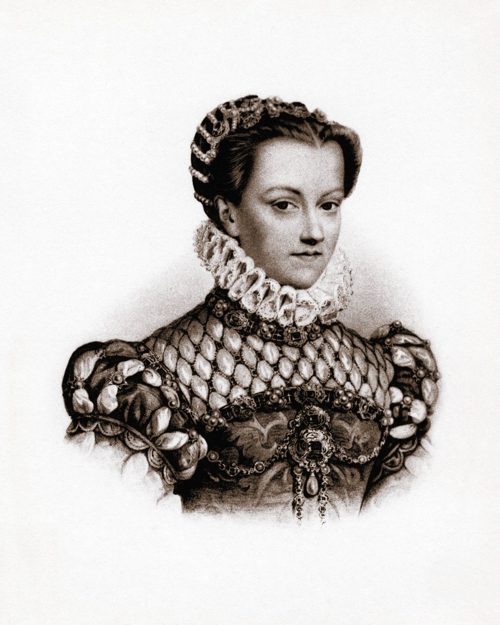 Porträt der Königin von Frankreich Elisabeth von Österreich (1555-1592) Gravur des 19. Jahrhunderts von Unbekannter Künstler
