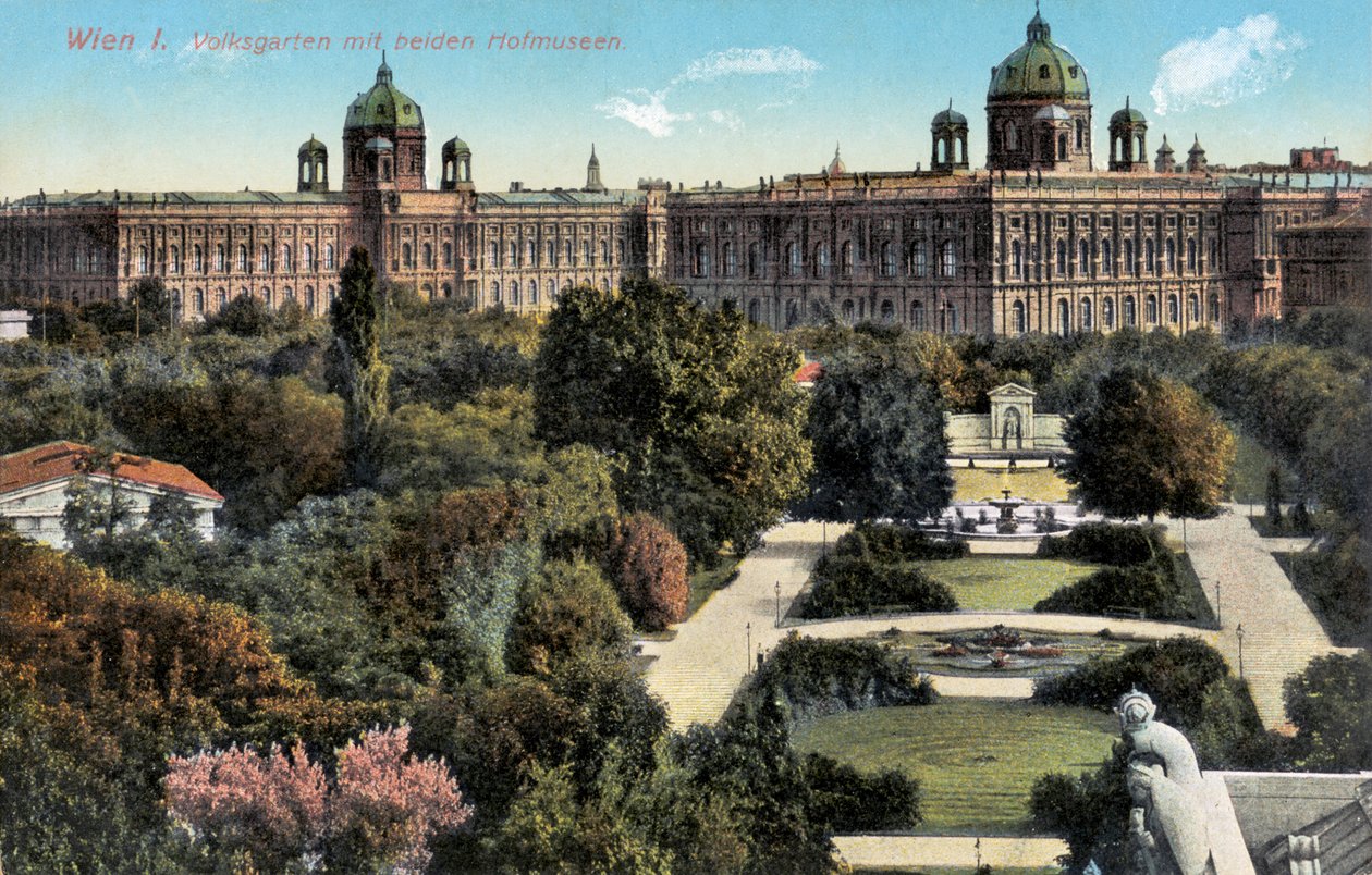 Öffentliche Gärten mit beiden Hofmuseen, Wien, Ende des 19./20. Jahrhunderts (Postkarte) von Unbekannter Künstler
