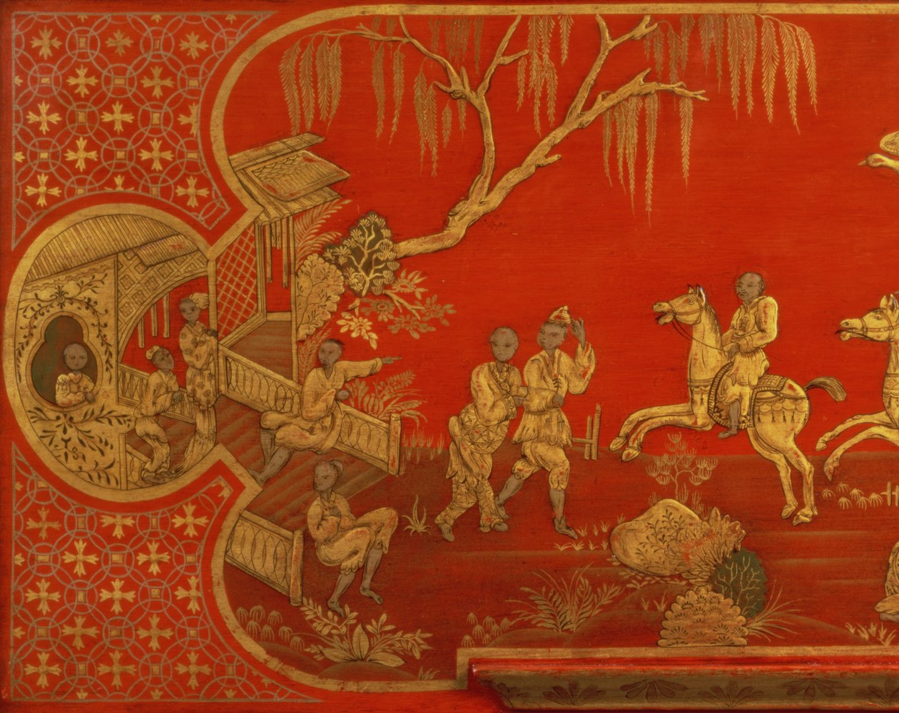 Queen Anne lackierter Büroschrank, Detail des Schreibtischdeckels mit Figuren in Gold und Schwarz auf Scharlachrot, möglicherweise von John Belchier von St. Paul