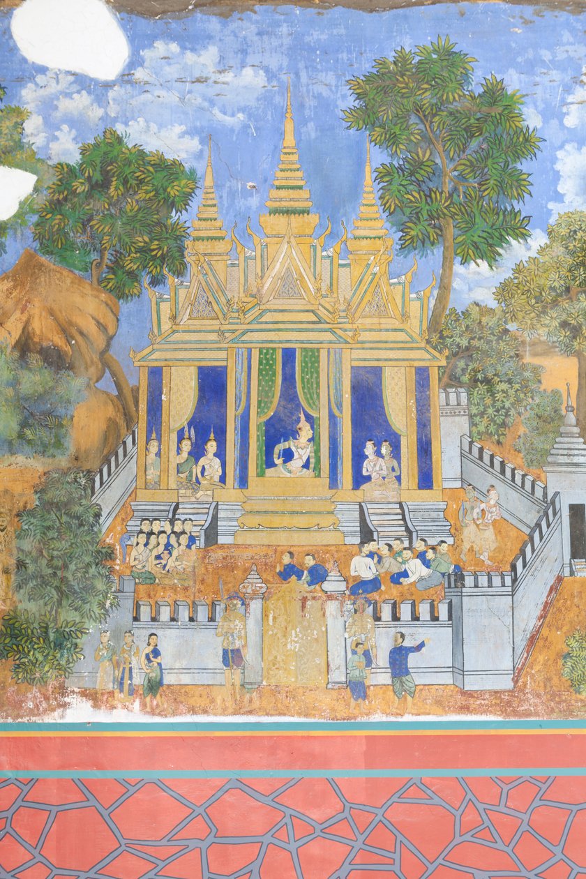 Reamker-Fresken, die die Wände des Königspalastkomplexes in Phnom Penh, Kambodscha, schmücken von Unbekannter Künstler