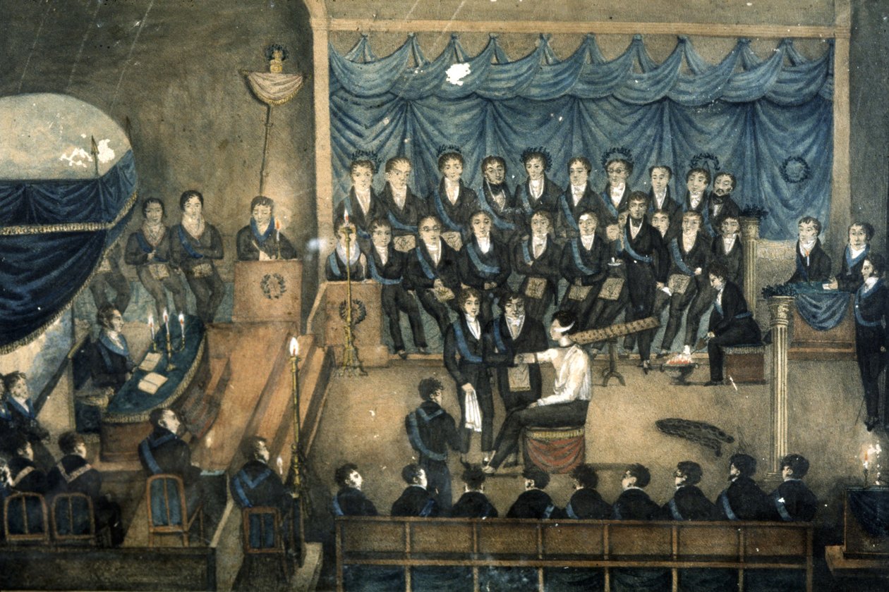Aufnahme eines Maurers in eine Loge, ca. 1820 (Aquarell) von Unbekannter Künstler