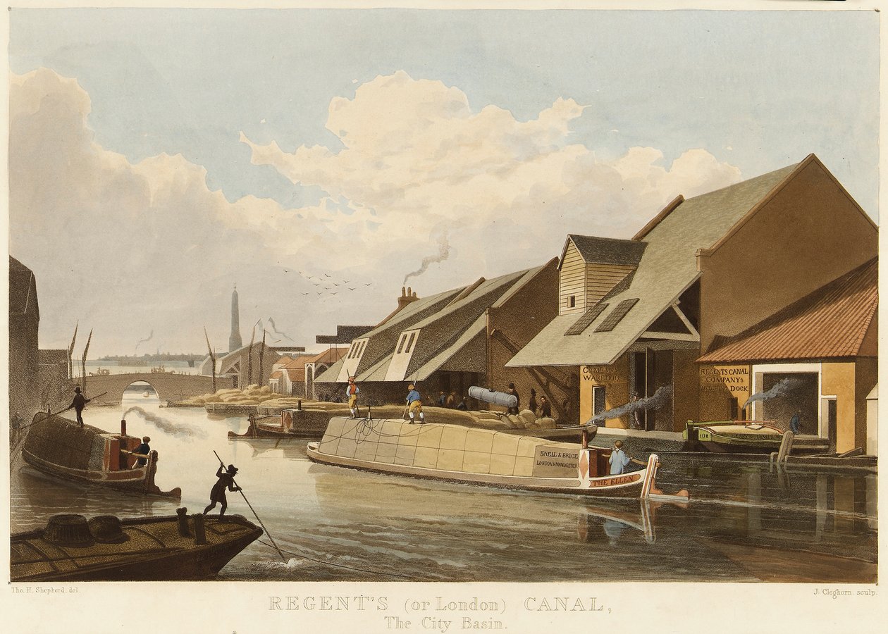 Regent-Kanal (oder London-Kanal) (England) und das Islington City Basin, das wichtigste Verkehrszentrum am Kanal, beschrieben mit Lagerhäusern und Ladedocks für Waren von Unbekannter Künstler