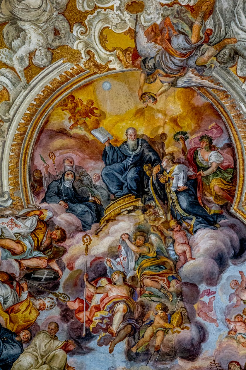 San Benedetto (St. Benedikt) Kirche, Catania, Sizilien (Italien). Deckenfresko Detail (18. Jahrhundert). St. Benedikt. (Foto) von Unbekannt