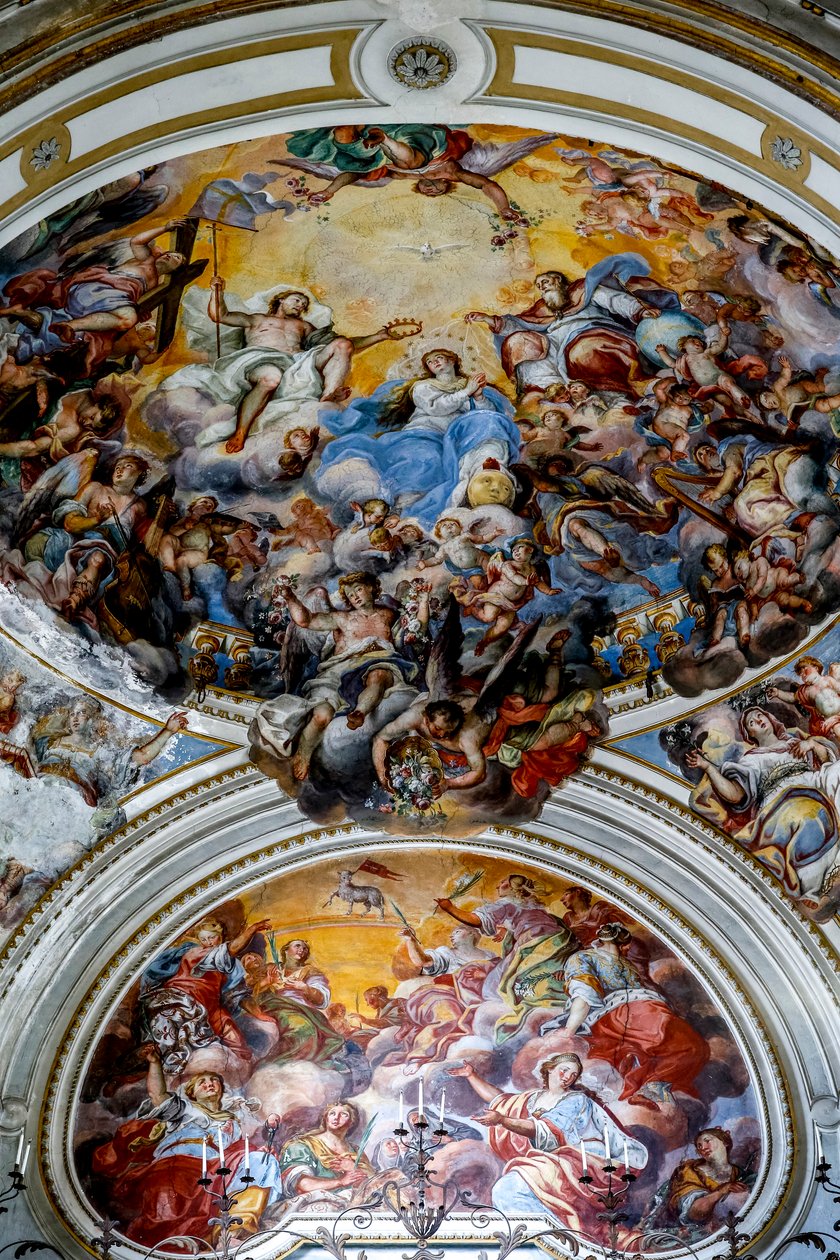 San Benedetto (St. Benedikt) Kirche, Catania, Sizilien (Italien). Deckenfresko Detail (18. Jahrhundert), mit der Krönung Mariens. (Foto) von Unbekannt