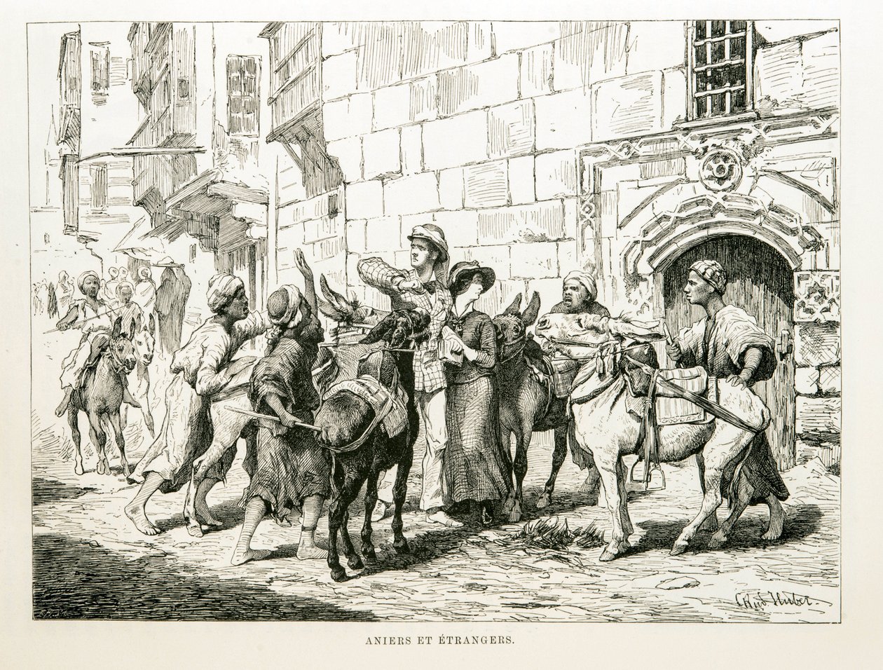 Satirische Zeichnung, die westliche Touristen umgeben von Eseln und ihren Treibern darstellt - Illustration aus dem Atlas von Ägypten von Unbekannt
