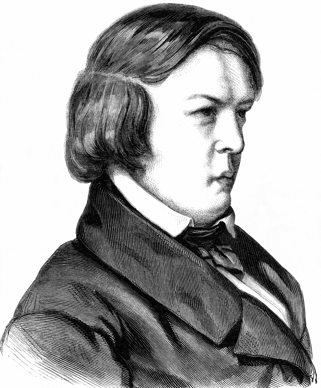 Robert Schumann, deutscher Komponist, geboren am 08.06.1810 in Zwickau, gestorben am 29.07.1856 in Endenich bei Bonn, Holzstich um 1860 von Unbekannter Künstler