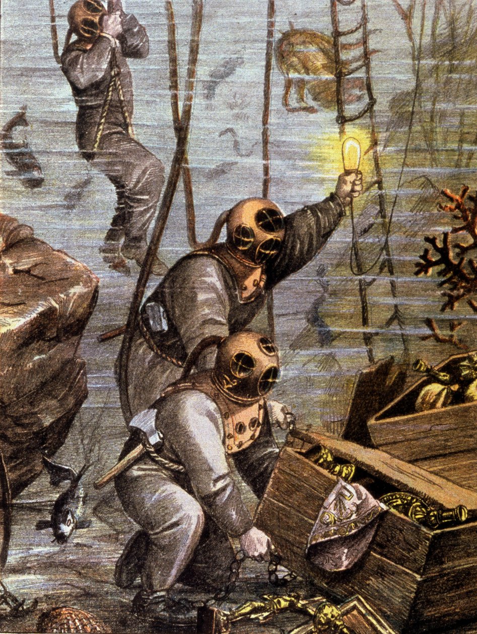 Taucher entdeckt Unterwasserschatz, frühes 20. Jahrhundert von Unbekannter Künstler