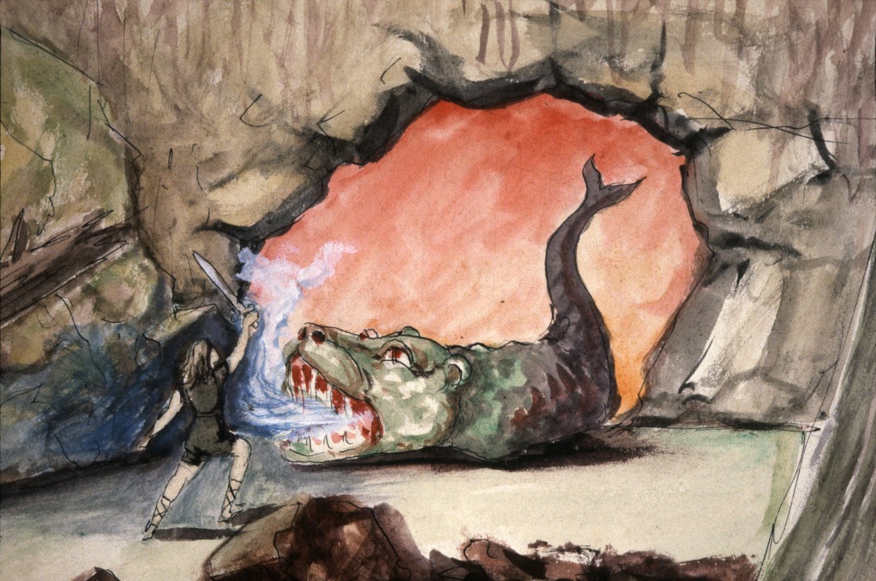 Siegfried tötet den Drachen Fafner, spätes 19. Jahrhundert (Illustration) von Unbekannter Künstler