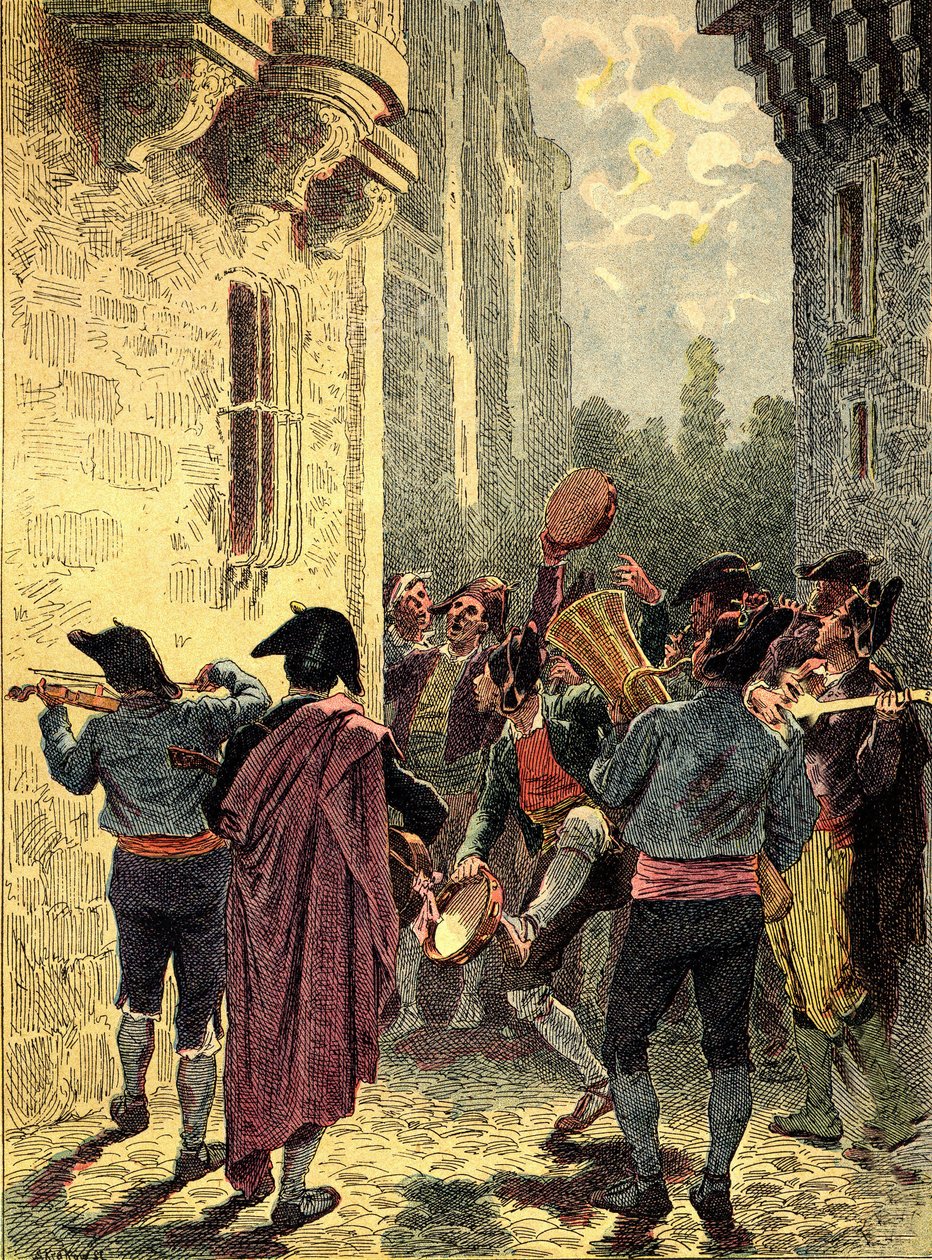 Spanische Serenade. Gravur in „Die Völker der Erde“ 1890. von Unbekannter Künstler